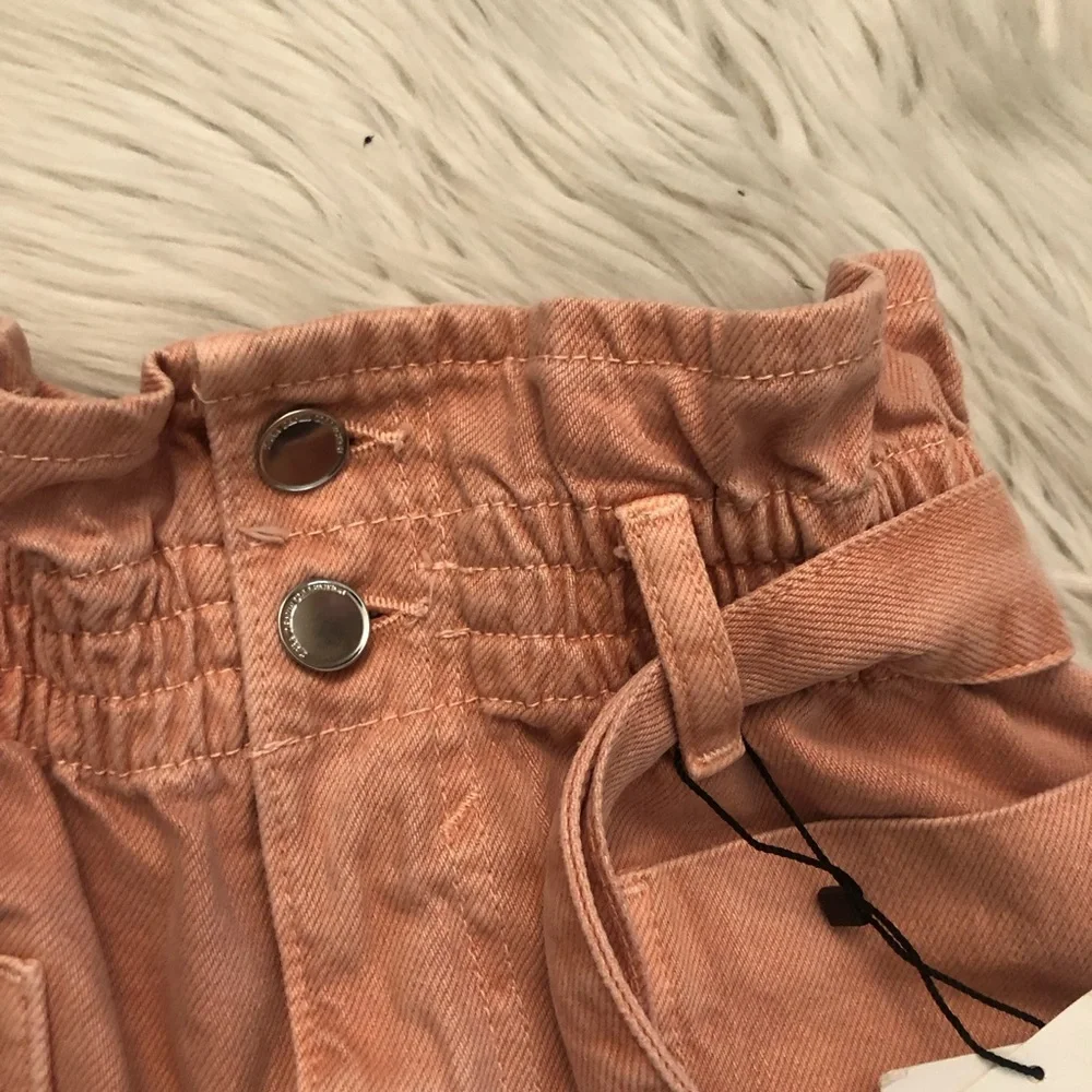 Zara High Waist Paperbag Pink Denim Womens Shorts with Belt size 2 (34)